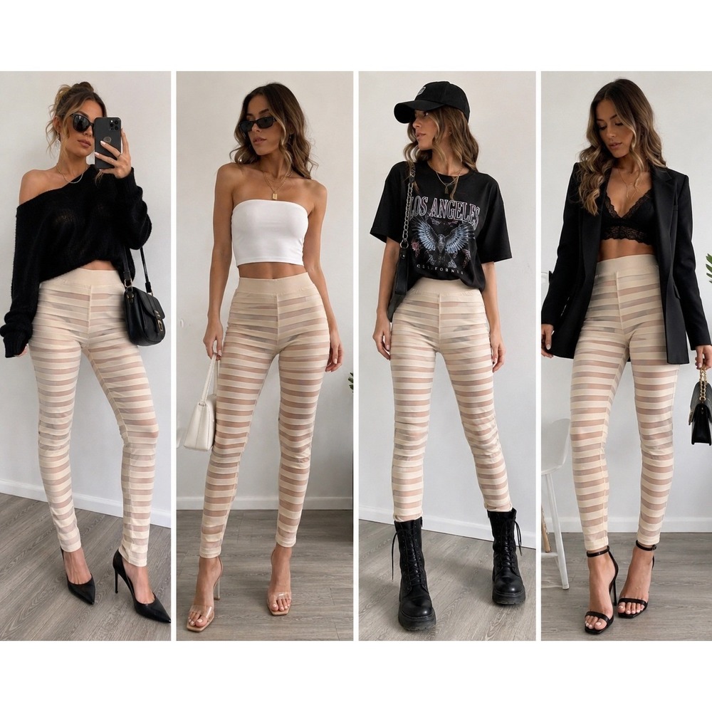 Meek Mesh Leggings Women M Tan Tiered Sheer Striped High Waist Clubwear Festival